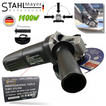 Ηλεκτρικός γωνιακός τροχοσ 125mm 1400W STAHLMAYER BLACK με ρύθμιση ταχύτητας + 10 δίσκους για μέταλλο. Ηλεκτρικός γωνιακός τροχοσ 125mm 1400W STAHLMAYER BLACK με ρύθμιση ταχύτητας + 10 δίσκους για μέταλλο.