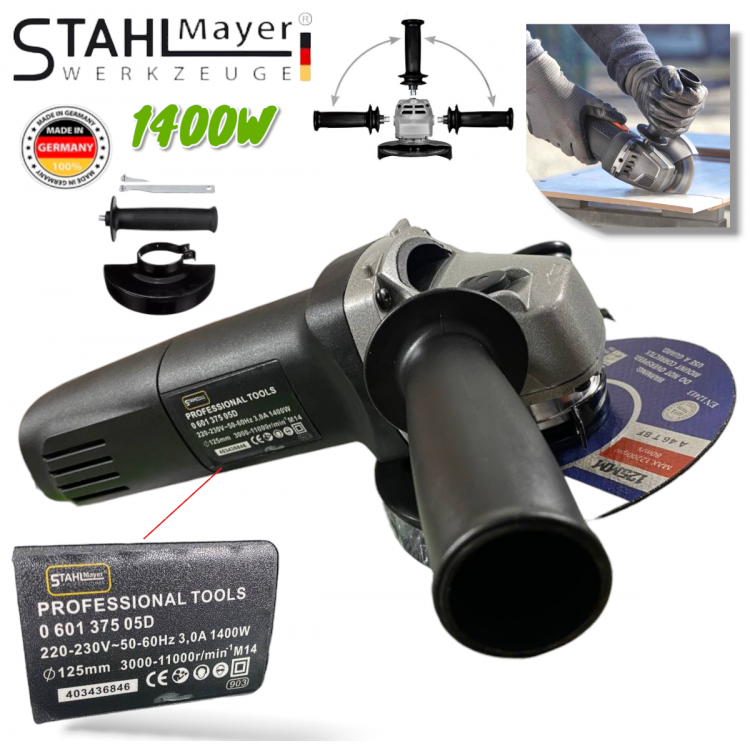 Ηλεκτρικός γωνιακός τροχοσ 125mm 1400W STAHLMAYER BLACK με ρύθμιση ταχύτητας + 10 δίσκους για μέταλλο.