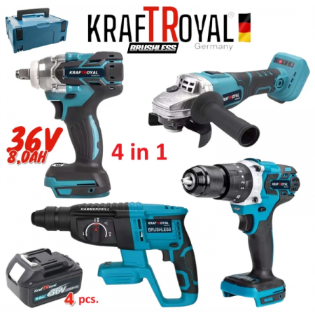4 σε 1 KRAFTROYAL Επαναφορτιζόμενο Μπουλονόκλειδο, Κατσαβίδι, Γωνιακός Τροχός 125mm και Τρυπάνι 36V 8.0AH + 3 τεμάχια Μπαταρίες 4 σε 1 KRAFTROYAL Επαναφορτιζόμενο Μπουλονόκλειδο, Κατσαβίδι, Γωνιακός Τροχός 125mm και Τρυπάνι 36V 8.0AH + 3 τεμάχια Μπαταρίες
