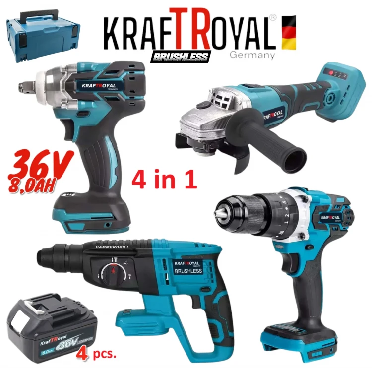 4 σε 1 KRAFTROYAL Επαναφορτιζόμενο Μπουλονόκλειδο, Κατσαβίδι, Γωνιακός Τροχός 125mm και Τρυπάνι 36V 8.0AH + 3 τεμάχια Μπαταρίες 4 σε 1 KRAFTROYAL Επαναφορτιζόμενο Μπουλονόκλειδο, Κατσαβίδι, Γωνιακός Τροχός 125mm και Τρυπάνι 36V 8.0AH + 3 τεμάχια Μπαταρίες