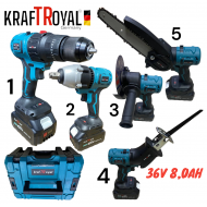 5 σε 1 KRAFT ROYAL  επαναφορτιζομενο Εργαλείο 5 Κεφαλών 36V 8.0AH  Δραπανοκατσαβιδο - Μπουλονοκλειδο - Σπαθοπριονο - Αλυσοπριονο κλαδεματος και Γωνιακός Τροχος