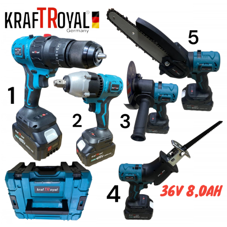 5 σε 1 KRAFT ROYAL  επαναφορτιζομενο Εργαλείο 5 Κεφαλών 36V 8.0AH  Δραπανοκατσαβιδο - Μπουλονοκλειδο - Σπαθοπριονο - Αλυσοπριονο κλαδεματος και Γωνιακός Τροχος