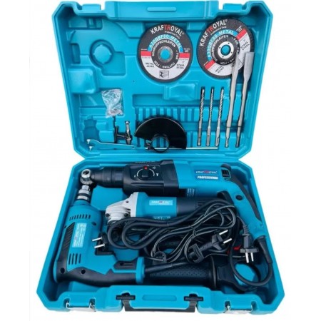 3 σε 1 Κρουστικό, Γωνιακός Τροχός 125mm και Τρυπάνι 1400W KRAFT ROYAL + 2 Δίσκοι για Μεταλλικές Μύτες και Θήκη 3 σε 1 Κρουστικό, Γωνιακός Τροχός 125mm και Τρυπάνι 1400W KRAFT ROYAL + 2 Δίσκοι για Μεταλλικές Μύτες και Θήκη